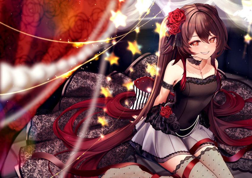 1girl absurdres alternate_costume asahi_(vjss4548) bare_shoulders black_choker brown_hair choker commentary_request dress fishnet_thighhighs fishnets flower flower-shaped_pupils flower_choker foot_out_of_frame genshin_impact gradient_hair grey_skirt grin highres hu_tao_(genshin_impact) lace lace-trimmed_dress lace_trim long_hair looking_at_viewer multicolored_hair on_bed red_eyes red_flower red_hair red_rose rose sitting skirt smile solo star_(symbol) strapless strapless_dress symbol-shaped_pupils thighhighs twintails very_long_hair