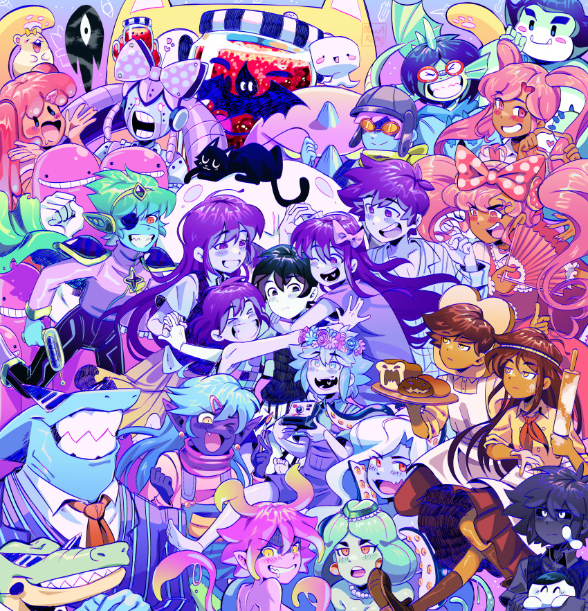 6+boys 6+girls :3 absurdres alligator animal apron aubrey_(headspace)_(omori) aubrey_(omori) basil_(headspace)_(omori) basil_(omori) bat_(animal) berly_(omori) big_yellow_cat_(omori) biscuit_(omori) black_cat black_pants black_skin blue_hair blue_skin boss_(omori) bow bread brown_hair camera captain_spaceboy cat colored_skin crocodilian dark-skinned_female dark-skinned_male dark_skin doughie_(omori) dress earrings energy_gun everyone fang fangs food formal_clothes gator_guy_(omori) glasses goggles green_hair green_skin hair_bow hair_ornament hairclip hamster hand_fan head_wreath headset heart heart_hands heart_in_mouth helmet hero_(headspace)_(omori) hero_(omori) highres holding holding_kite humanoid_robot humphrey_(omori) jacket jar jewelry kel_(headspace)_(omori) kel_(omori) kid&#039;s_kite_(omori) kite kite_kid_(omori) life_jam_guy_(omori) lizard long_hair long_sleeves mari_(headspace)_(omori) mari_(omori) marina_(omori) medusa_(omori) mewo molly_(omori) mr._jawsum multiple_boys multiple_girls mutantheart_(omori) necktie octopus_girl omoli_(omori) omori omori_(omori) one_eye_closed overalls pants paper_fan perfectheart_(omori) pilot_helmet pink_dress pink_hair pink_shirt pink_skin pointy_ears polka_dot polka_dot_bow purple_jacket purple_skin ray_gun red_necktie remi_(mozzaremi) roboheart_(omori) robot rococo_(omori) rolling_pin shark sharp_teeth shirt short_hair slime_girls_(omori) snaley_(omori) something_(omori) spoilers squid_girl stranger_(omori) striped_clothes striped_jacket suit sunglasses sweetheart_(omori) teeth tentacles tray van_(omori) weapon white_apron white_hair white_shirt