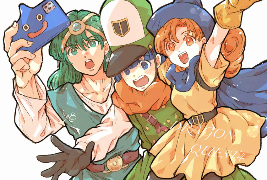 1girl 2boys alena_(dq4) arm_up blue_hair blush cape circlet clift curly_hair dragon_quest dragon_quest_iv dress earrings english_text gloves green_eyes green_hair hat hero_(dq4) highres holding holding_phone isa_(chiyo-s) jewelry long_hair multiple_boys open_mouth orange_eyes orange_hair phone short_hair slime_(dragon_quest) smile