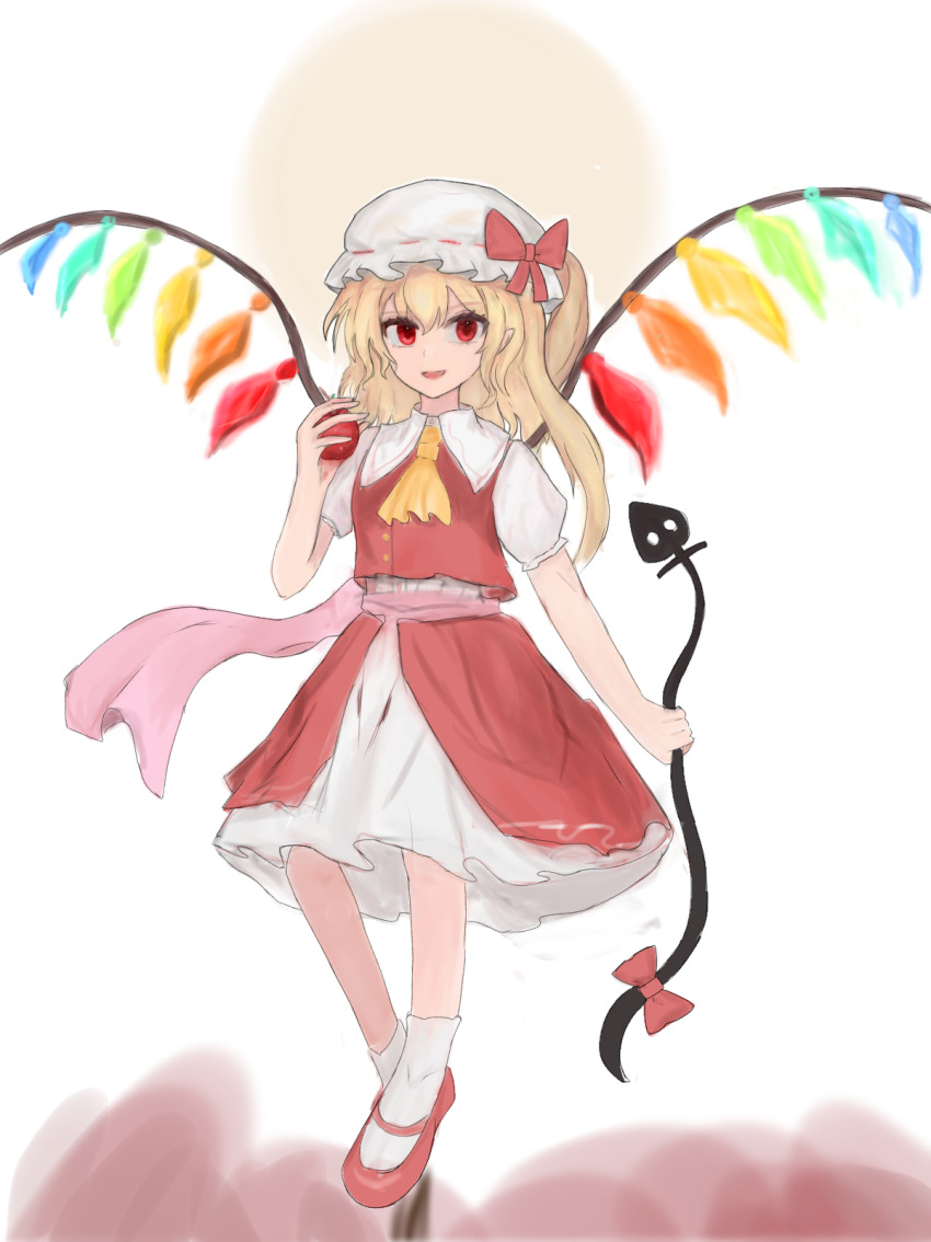 1girl 83mkneinlsqmebq apple ascot blonde_hair bow commentary_request crystal flandre_scarlet food fruit hat hat_bow highres holding holding_food holding_fruit holding_weapon laevatein_(touhou) long_hair looking_at_viewer mob_cap multicolored_wings one_side_up open_mouth puffy_short_sleeves puffy_sleeves apple red_bow red_eyes red_vest short_sleeves side_ponytail skirt smile solo touhou vest weapon white_hat wings