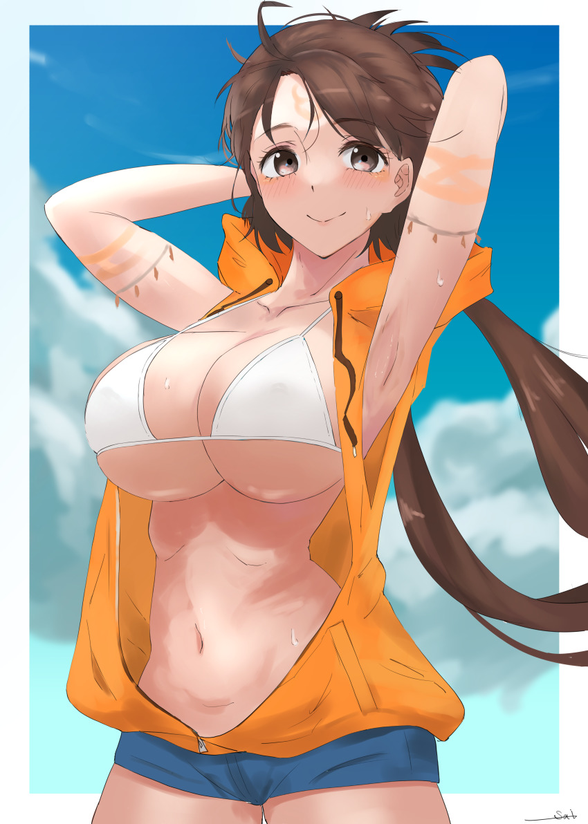 1girl absurdres armpits arms_behind_head arms_up bare_shoulders beads bikini bikini_top_only blue_shorts blue_sky border breasts brown_eyes brown_hair cleavage collarbone contemporary day denim denim_shorts drawstring facial_mark fate/grand_order fate_(series) forehead forehead_mark highres himiko_(fate) himiko_(tour_outfit)_(fate) hood hooded_vest hoodie large_breasts long_hair looking_at_viewer orange_vest s4ika short_shorts shorts sky smile solo swimsuit topknot twintails vest white_bikini white_border zipper