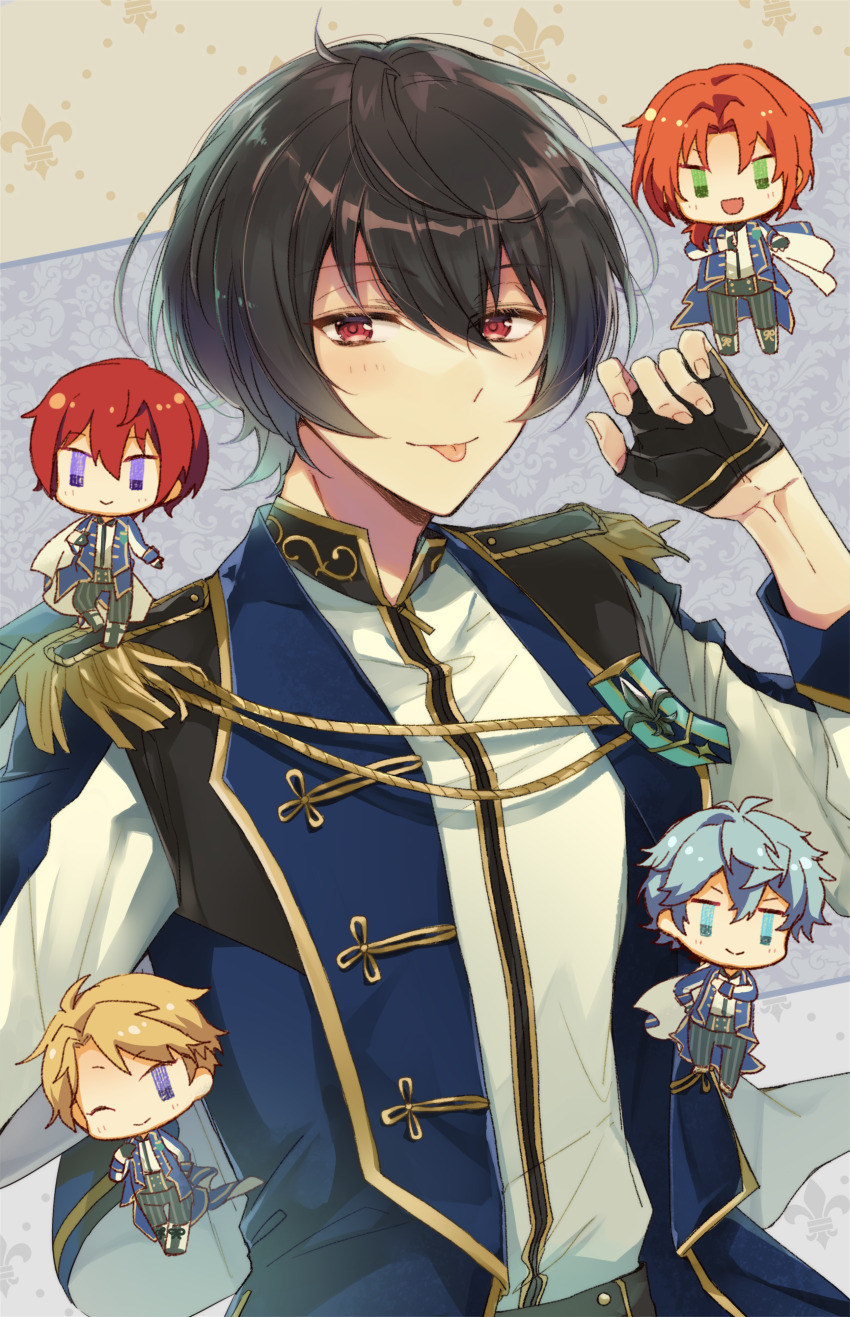 1boy :p absurdres bishounen chibi chibi_inset ensemble_stars! fingerless_gloves gloves half_gloves hand_up highres jacket knights_(ensemble_stars!) looking_at_viewer male_focus maruo_hamham narukami_arashi open_clothes open_jacket patterned_background sakuma_ritsu sena_izumi_(ensemble_stars!) shirt_tucked_in sideways_glance suou_tsukasa tongue tongue_out tsukinaga_leo upper_body