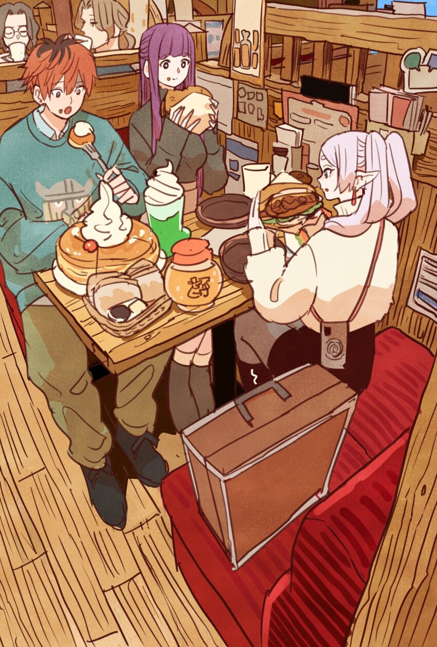 2girls 3boys blunt_bangs brown_hair burger commentary_request cup earrings eating fern_(sousou_no_frieren) food fork frieren glasses highres holding holding_cup holding_fork indoors jewelry multiple_boys multiple_girls pancake pointy_ears ponytail purple_hair red_hair sein&#039;s_brother_(sousou_no_frieren) sein_(sousou_no_frieren) sidelocks sousou_no_frieren stark_(sousou_no_frieren) suitcase sweater table takeuchi_ryousuke teardrop_earrings twintails