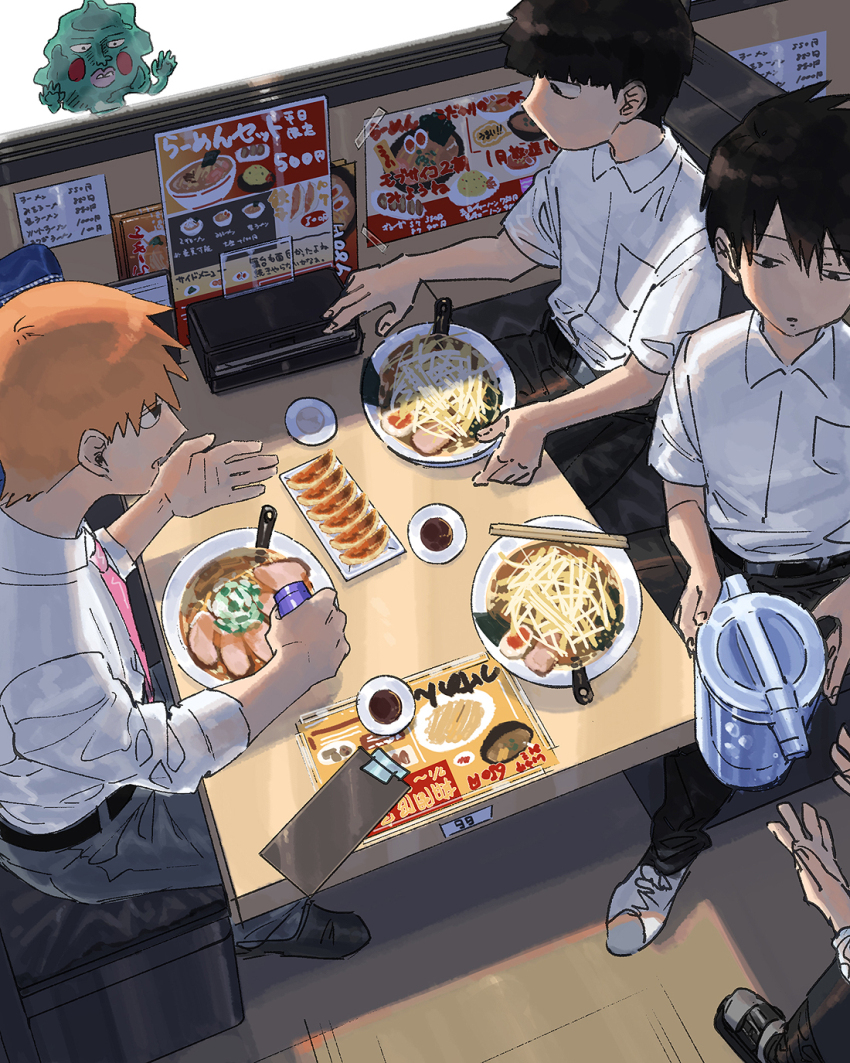3boys belt black_eyes black_hair brothers char-siu chopped_spring_onion chopsticks collared_shirt daiki_(daikingairkgk) ekubo_(mob_psycho_100) food highres indoors kageyama_ritsu kageyama_shigeo mob_psycho_100 multiple_boys necktie noodles open_mouth orange_hair pants pink_necktie ramen reigen_arataka shirt shoes short_hair siblings softboiled_egg soy_sauce spiked_hair spirit white_footwear white_shirt