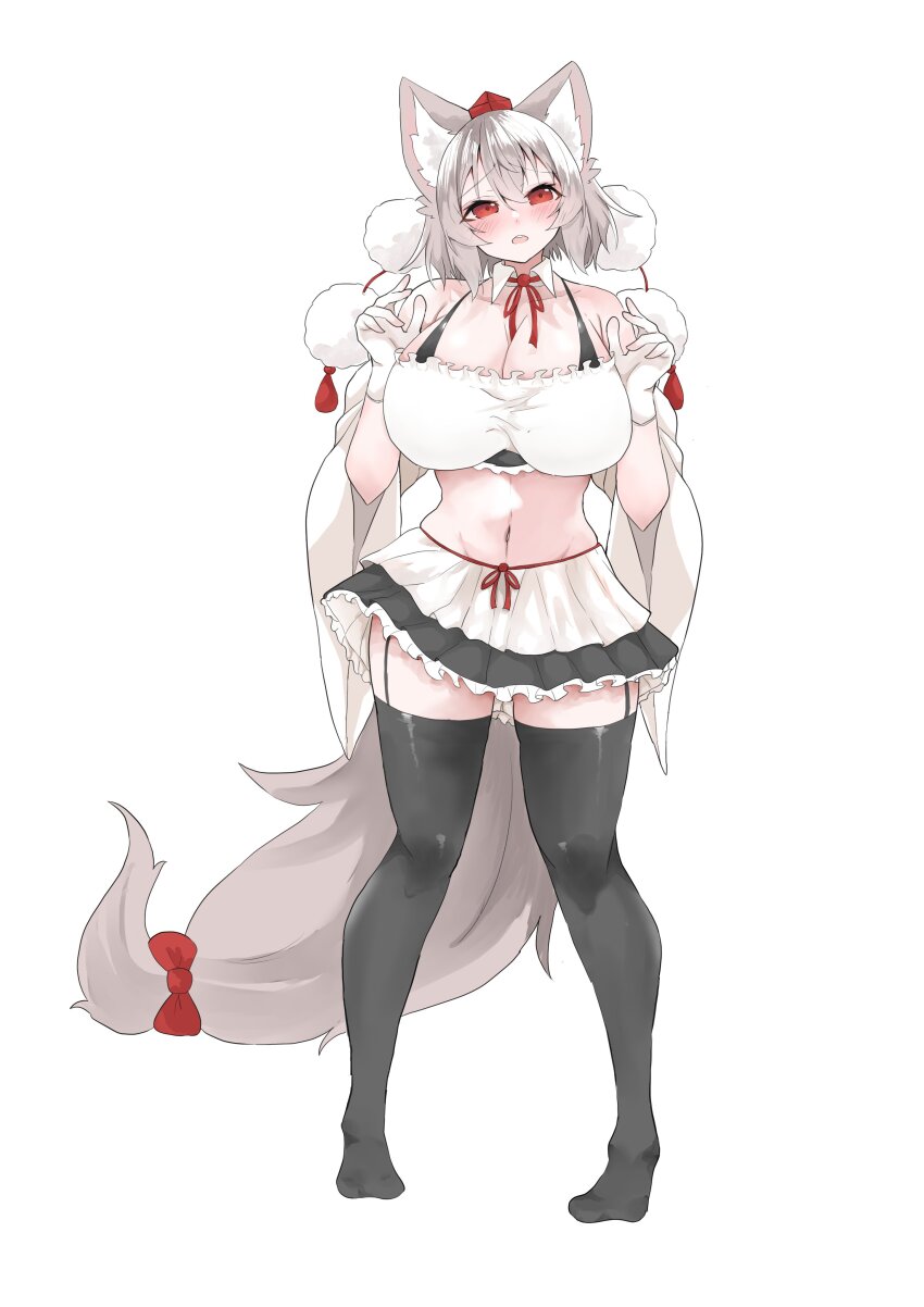 1girl absurdres animal_ears bra detached_sleeves geta hat highres inubashiri_momiji midriff miniskirt navel red_eyes red_hat regua short_hair simple_background skirt solo tail tengu-geta thighhighs tokin_hat touhou underwear white_background white_hair wolf_ears wolf_girl wolf_tail