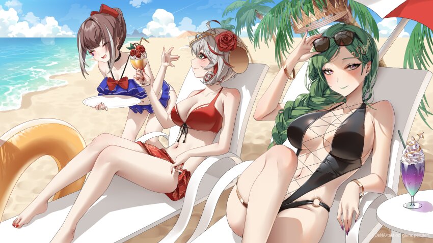 3girls absurdres bare_arms bare_shoulders beach bikini black_one-piece_swimsuit blue_bikini blush bracelet breasts brown_hair character_request cleavage closed_eyes closed_mouth eyewear_on_head green_hair grey_hair hair_ornament halo highres jewelry large_breasts long_hair looking_at_viewer multicolored_hair multiple_girls navel ocean one-piece_swimsuit open_mouth outdoors palm_tree red_bikini sitting smile streaked_hair sunglasses swimsuit tacco_(tikeworld) takt_op. thighs tree water
