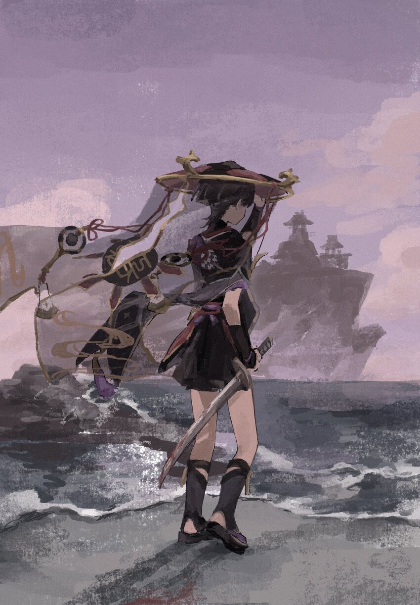 1boy arm_at_side armor black_hair black_hat black_kimono black_leggings black_sandals black_shoes black_sleeves blood blood_on_ground bloody_weapon blunt_ends facing_away from_behind full_body furisode genshin_impact gold gold_trim hand_up hat highres holding holding_sword holding_weapon japanese_armor japanese_clothes jingasa juban katana kimono kote kurokote layered_sleeves leggings male_focus mountainous_horizon overcast purple_bag purple_sash purple_sleeves red_hat red_kimono red_sash sandals sash scaramouche_(genshin_impact) see-through_clothes see-through_veil shoes shore short_sleeves sky solo stirrup_legwear sword tassel toeless_legwear two-tone_hat ugokituzukeru veil weapon white_kimono zouri