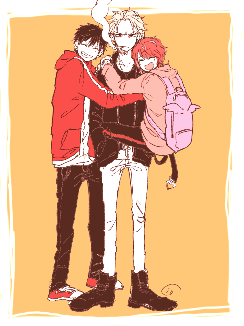 3boys :d ^_^ amemura_ramuda ankle_boots aohitsugi_samatoki backpack bag black_hair boots border cigarette closed_eyes converse dress_shirt earrings frown full_body furrowed_brow grin group_hug hair_between_eyes hair_slicked_back hands_in_pockets heart_belt highres hood hooded_jacket hoodie hug hypnosis_mic ibo_(8539rna) jacket jewelry leg_lock looking_at_viewer loose_hair_strand male_focus mole mole_under_eye multiple_boys necklace open_mouth partially_colored pink_bag pink_hair pink_hoodie red_eyes red_jacket serious shirt signature skinny_jeans smile smoke smoking stud_earrings swept_bangs v-shaped_eyebrows white_border white_hair winged_bag yamada_ichiro yellow_background