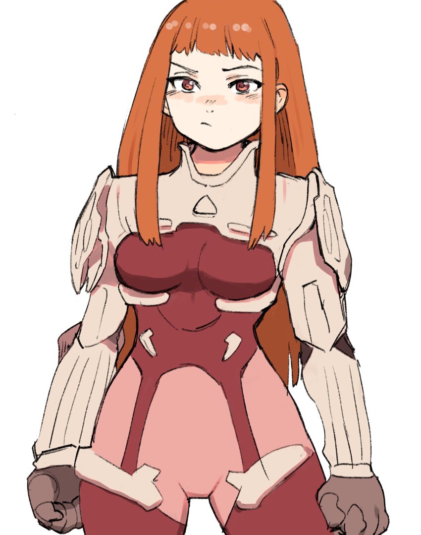 1girl blunt_bangs bodysuit breasts clenched_hands closed_mouth cowboy_shot gan2 highres ken_marinaris long_hair looking_at_viewer orange_eyes orange_hair pilot_suit pink_bodysuit red_bodysuit solo standing zone_of_the_enders zone_of_the_enders_2