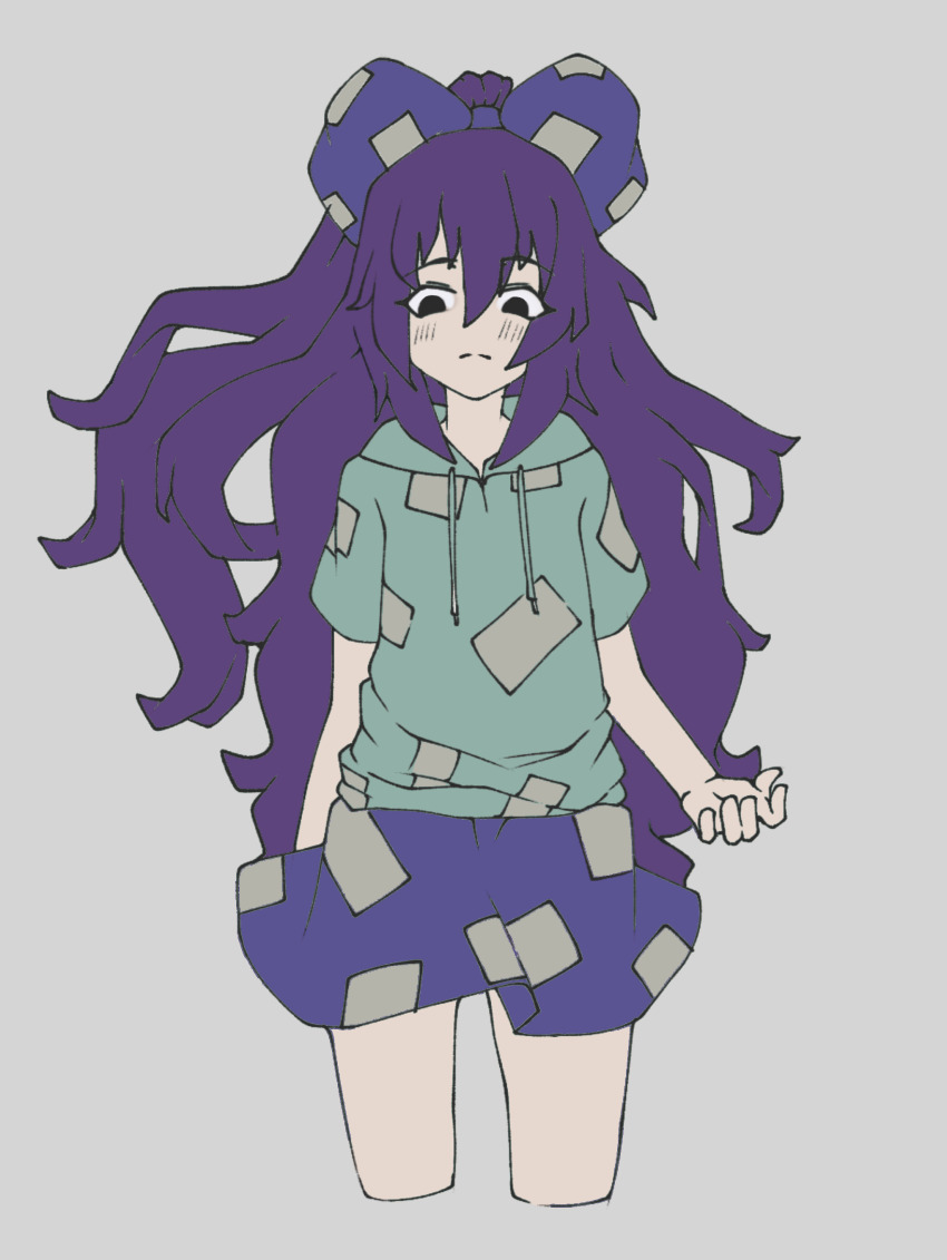 1girl absurdres antinomy_of_common_flowers blue_bow blue_hair bow debt grey_hoodie highres hood hoodie ioriorigami long_hair looking_at_viewer non-web_source short_sleeves skirt solo touhou very_long_hair yorigami_shion