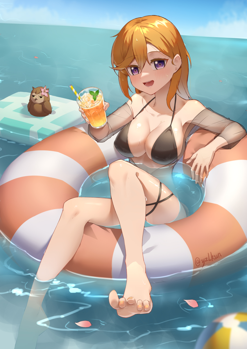 1girl absurdres bare_shoulders barefoot bikini bird black_bikini blue_sky blush breasts cleavage cloud collarbone commentary day drink drinking_straw feet fingernails glass hair_between_eyes highres holding holding_drink ice ice_cube innertube legs long_hair looking_at_viewer love_live! love_live!_superstar!! manmaru_(love_live!) medium_breasts nail_polish on_innertube open_mouth orange_hair orange_nails outdoors owl partially_submerged purple_eyes see-through_clothes shibuya_kanon sitting sky smile solo string_bikini swim_ring swimsuit teeth toenail_polish toenails toes tropical_drink twitter_username water wet wet_hair yzlkun