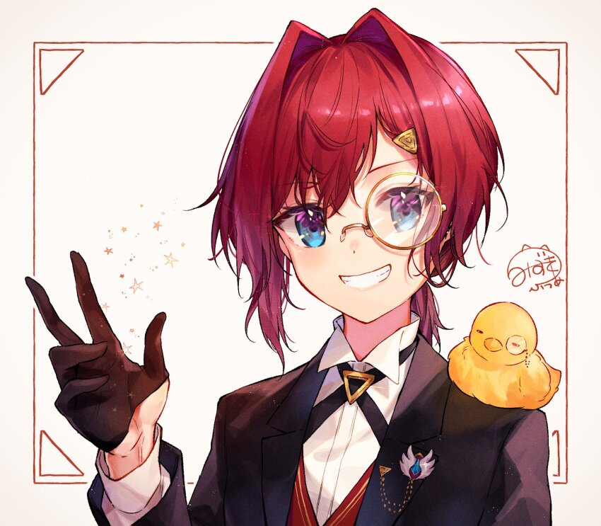 1girl alternate_costume ange_katrina animal animal_on_shoulder bird bird_on_shoulder black_gloves black_jacket blue_eyes border butler collared_shirt commentary_request female_butler glasses gloves grey_background grin hair_intakes hair_ornament half_gloves hand_up highres inset_border jacket lapel_pin lapels light_blush long_sleeves looking_at_viewer medium_hair mizuki_fua monocle multicolored_eyes nijisanji notched_lapels outside_border pince-nez ponytail portrait purple_eyes red_border red_hair sebastian_piyodore shirt short_ponytail signature smile star_(symbol) suit_jacket triangle_hair_ornament two-tone_eyes virtual_youtuber white_shirt wingtip_collar yellow-framed_eyewear yellow_bird
