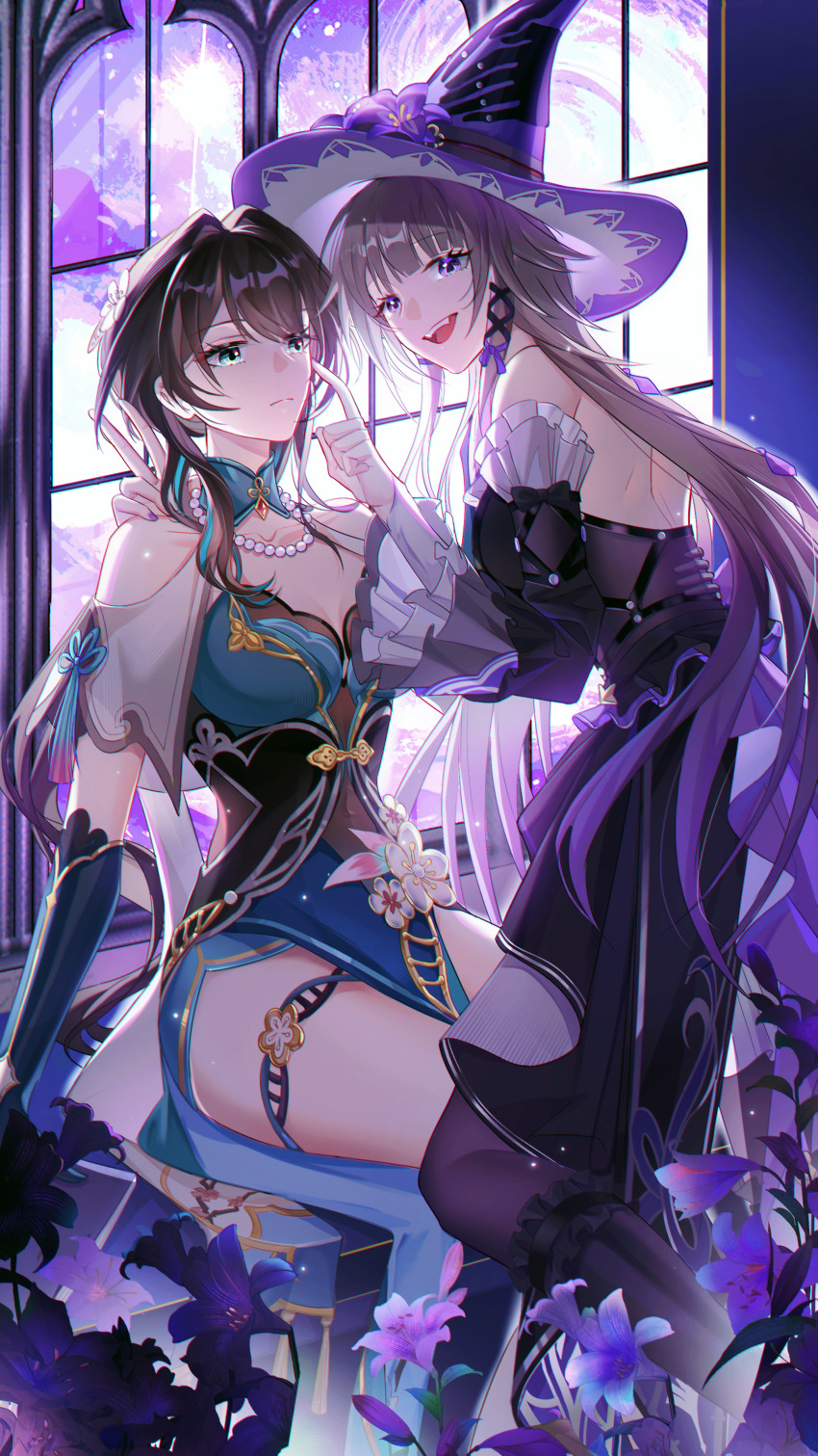 2girls absurdres aqua_dress aqua_eyes bare_shoulders black_dress black_hair black_hat breasts brown_hair brown_pantyhose china_dress chinese_clothes cleavage closed_mouth clothing_cutout detached_sleeves dress flower gloves hair_between_eyes hair_ornament hat herta_(honkai:_star_rail) highres honkai:_star_rail honkai_(series) jewelry long_hair looking_at_viewer medium_breasts multiple_girls official_alternate_costume open_mouth pantyhose purple_eyes ruan_mei_(honkai:_star_rail) shenjudongmandabanban shoulder_cutout smile the_herta_(honkai:_star_rail) very_long_hair witch_hat yuri