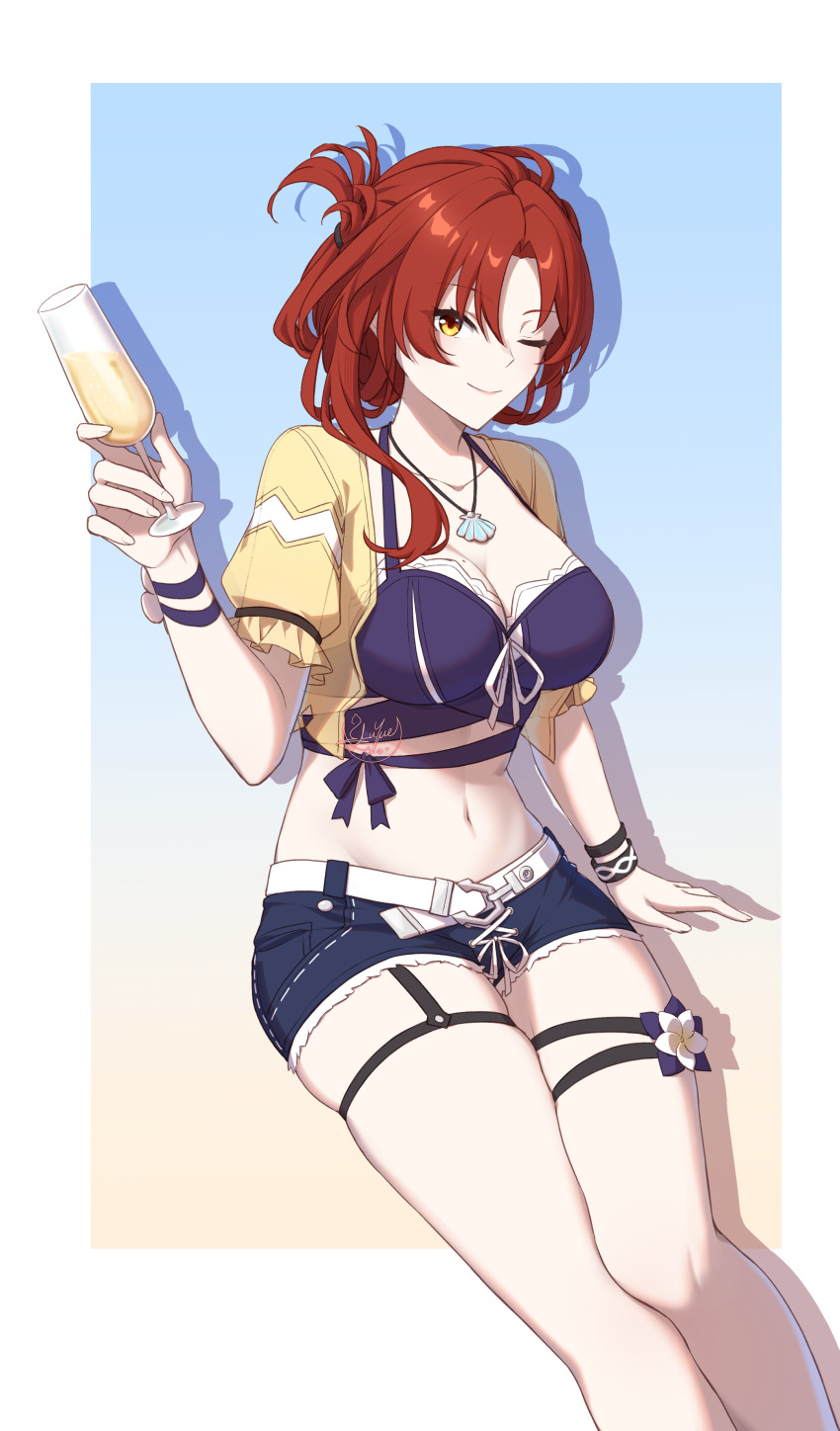 1girl absurdres belt blue_shorts champagne_flute collarbone cropped_jacket cup drinking_glass gradient_background highres holding holding_cup honkai_(series) honkai_impact_3rd invisible_chair jacket jewelry linea_alba looking_at_viewer luyue midriff murata_himeko navel necklace one_eye_closed red_hair shadow shell shell_necklace short-sleeved_jacket short_shorts short_sleeves shorts signature sitting smile solo white_belt yellow_eyes yellow_jacket