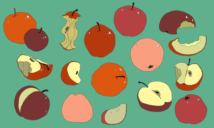 apple apple_core apple_slice bitten_apple color_contrast flat_color food food_bite food_focus fruit green_background highres no_humans original seed simple_background sketch victoria_joh