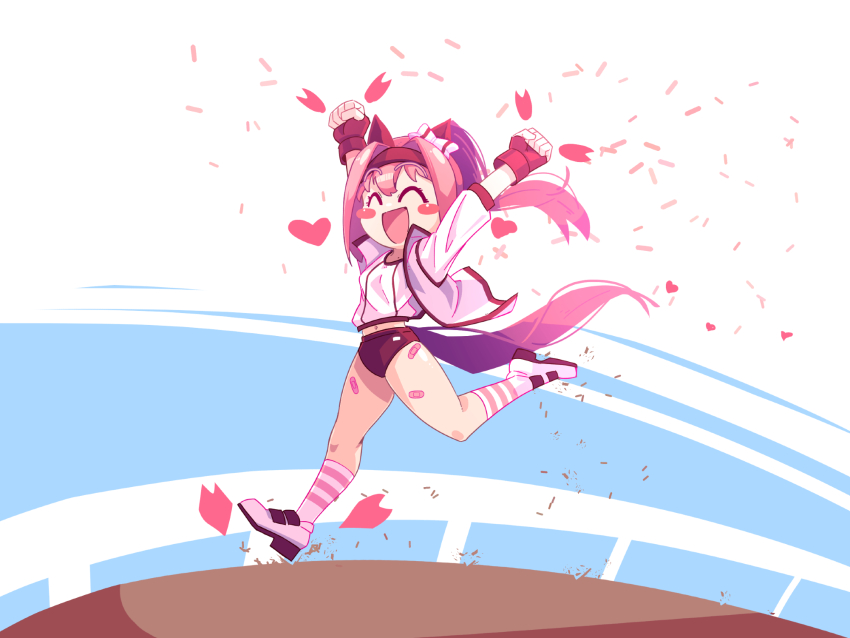 1girl ^_^ animal_ears arms_up blush_stickers buruma closed_eyes commentary english_commentary excited full_body haru_urara_(umamusume) heart highres horse_ears horse_girl horse_tail jacket open_mouth petals pink_hair running shirt shoes smile socks solo striped_clothes striped_socks tail tflame twintails umamusume white_jacket white_shirt white_shoes white_socks