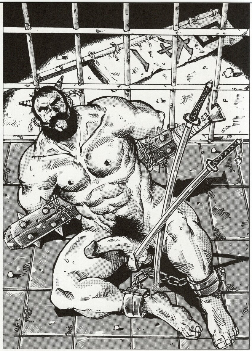 1boy abs arms_behind_back artist_request bara beard blood check_artist club club_(weapon) completely_nude cuffs erection excessive_pubic_hair facial_hair from_above full_beard full_body gagged genital_mutilation greyscale half-erect handcuffs highres large_pectorals looking_at_viewer magazine_scan male_focus mature_male monochrome muscular muscular_male nandemoya_no_tanuki-san nipples nude old old_man original pectorals penis prison pubic_hair receding_hairline scan short_hair small_horns solo spiked_club stab thick_beard thick_eyebrows uncensored weapon