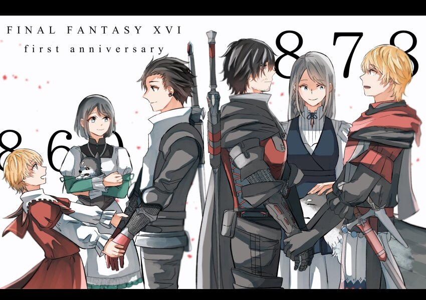 1girl 2boys abc_3333xyz0009 age_comparison animal anniversary armored_gloves black_cloak black_gloves black_hair blonde_hair blue_eyes blue_vest braid breasts brothers clive_rosfield cloak closed_mouth cowboy_shot dog dress facial_hair final_fantasy final_fantasy_xvi gloves grey_hair hair_between_eyes highres holding holding_animal holding_dog jill_warrick joshua_rosfield juliet_sleeves long_hair long_skirt long_sleeves medium_breasts multiple_boys neckerchief open_mouth puffy_sleeves red_neckerchief red_vest shirt short_hair siblings side_braid skirt smile stubble swept_bangs sword torgal_(ff16) vest weapon weapon_on_back white_background white_dress white_shirt wolf