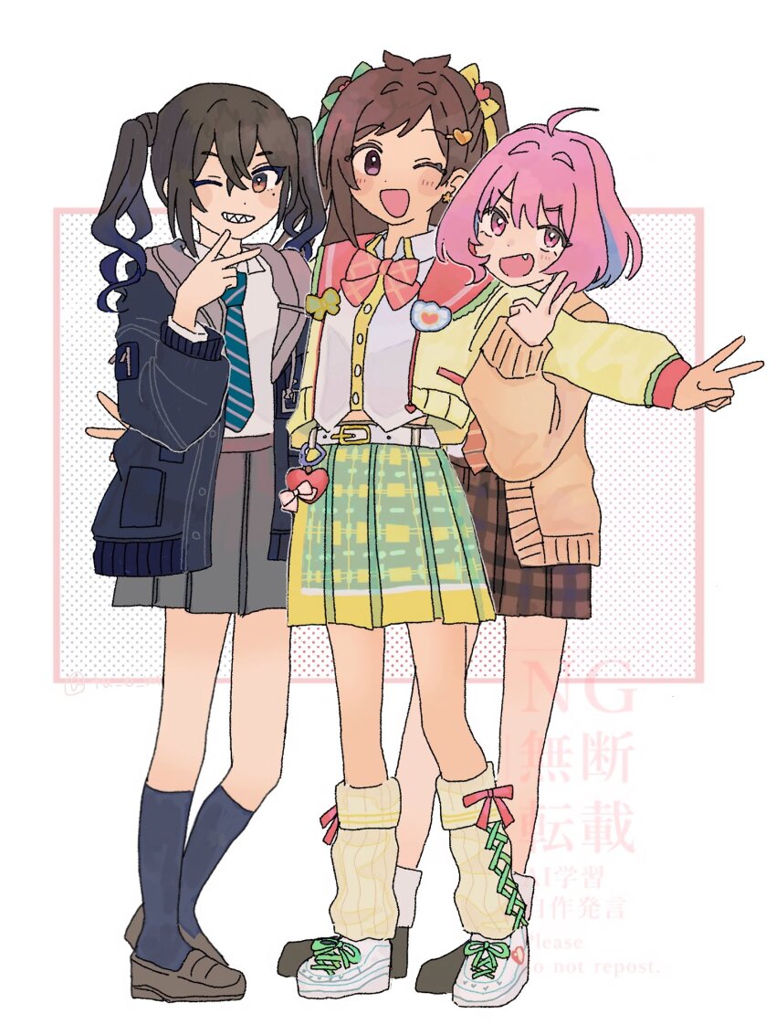 #unicus_(idolmaster) 3girls ;d ahoge belt black_hair black_jacket black_socks blush bob_cut bow bowtie brown_cardigan brown_hair brown_skirt cardigan double_v fang full_body green_necktie grey_skirt grin hashtag-only_commentary highres hood hooded_jacket idolmaster idolmaster_cinderella_girls idolmaster_cinderella_girls_starlight_stage jacket kneehighs loafers looking_at_viewer loose_socks mole mole_under_eye multiple_girls necktie official_alternate_costume one_eye_closed open_mouth pink_bow pink_bowtie pink_hair plaid_clothes plaid_skirt pleated_skirt potaku_(tu_o_m) school_uniform sharp_teeth shoes skirt smile sneakers socks sunazuka_akira teeth tsujino_akari twintails v watermark yellow_jacket yellow_socks yumemi_riamu