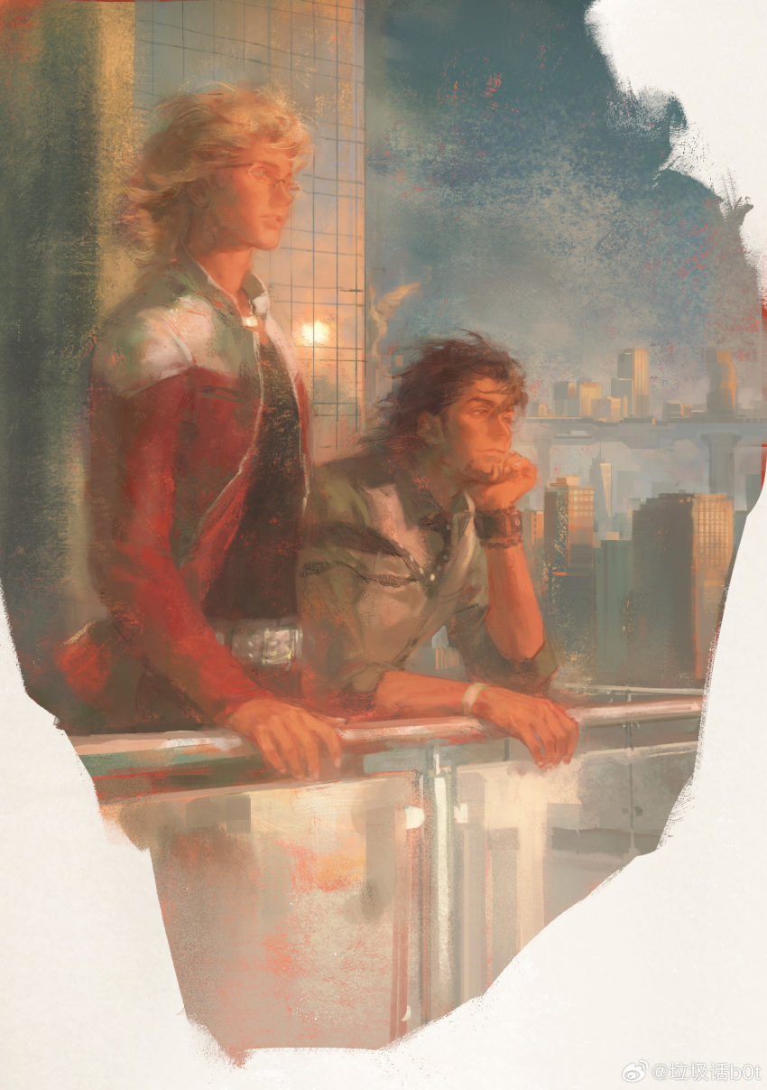 2boys absurdres arm_support barnaby_brooks_jr. belt blonde_hair brown_hair building city cityscape creamyghost facial_hair glasses green_shirt highres jacket kaburagi_t._kotetsu leaning looking_afar multiple_boys necktie polka_dot_necktie shirt skyscraper sleeves_rolled_up standing stubble tiger_&amp;_bunny vest watermark weibo_username weibo_watermark