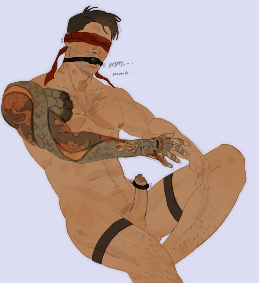 1boy arm_tattoo ball ball_gag bara bite_mark bite_mark_on_leg bite_mark_on_neck blush brown_hair chest_hair cock_ring completely_nude covered_eyes cowboy_shot drooling facial_hair frilled_thigh_strap gag highres kenshi_(mortal_kombat) lbgod2d leg_hair male_focus mature_male mortal_kombat_(series) mortal_kombat_1_(2023) mouth_drool muscular muscular_male mustache_stubble navel_hair nude penis precum red_blindfold saliva sex_toy short_hair simple_background solo stubble tattoo thigh_strap trembling twitching_penis uncensored