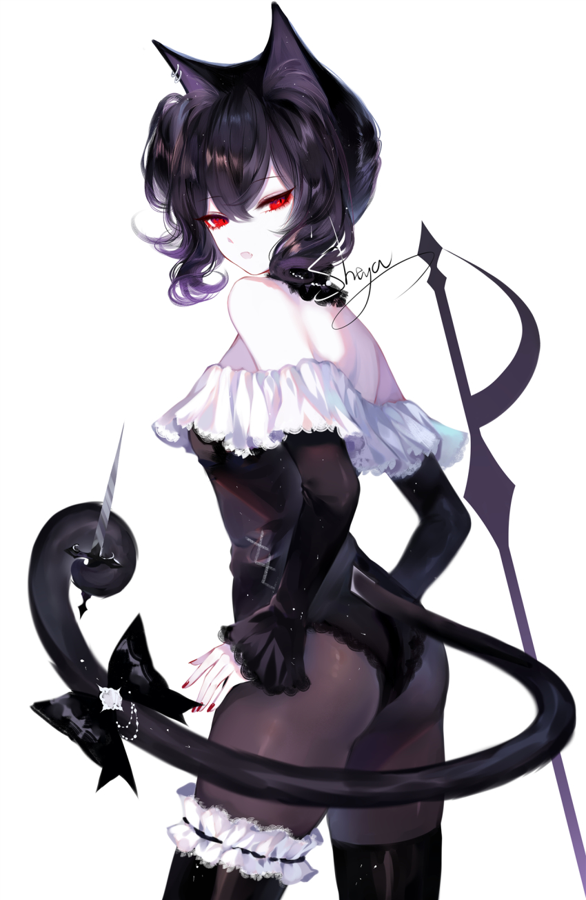 1girl animal_ears artist_name ass bare_shoulders black_hair black_leotard cat_ears cat_tail commentary cowboy_shot frilled_thigh_strap highres holding holding_with_tail knife leotard long_sleeves looking_at_viewer off_shoulder original pantyhose prehensile_tail red_eyes sheya short_hair signature solo standing tail thigh_strap