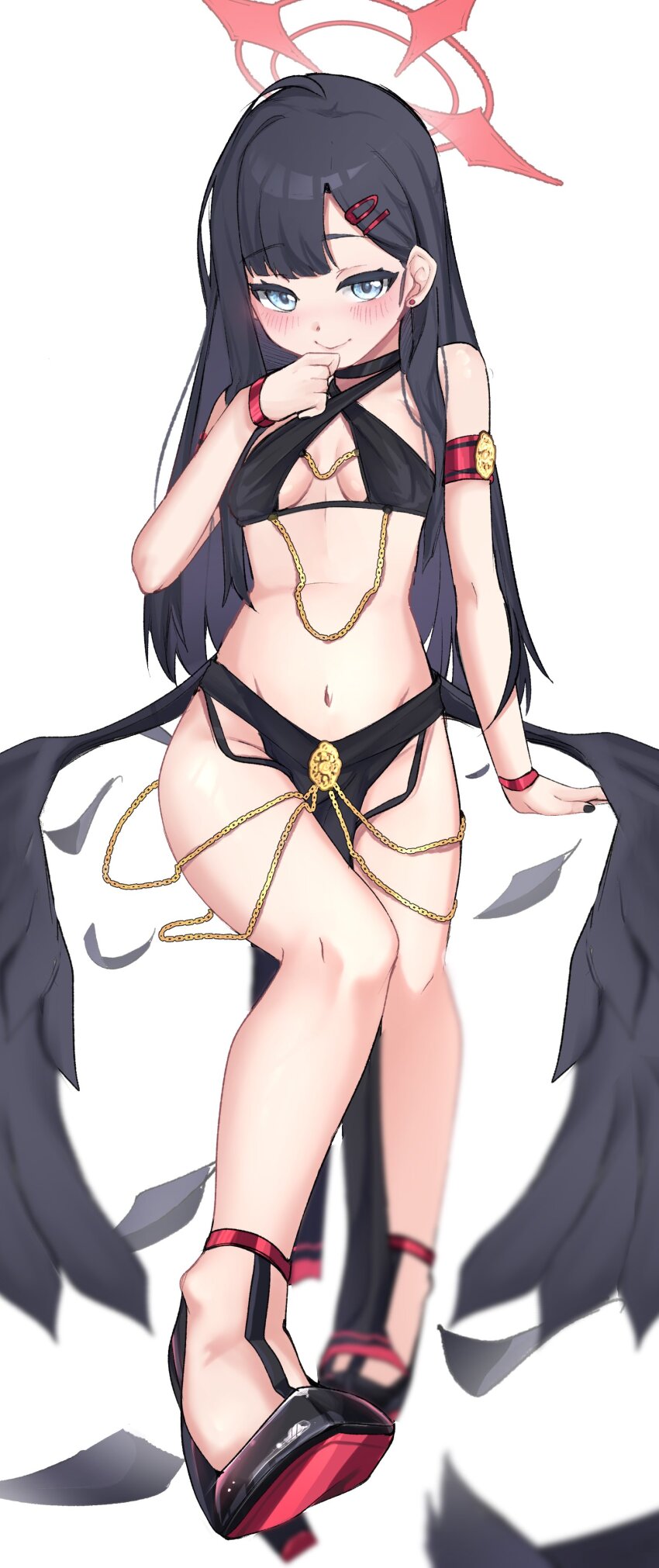 1girl absurdres arm_strap bikini black_bikini black_feathers black_hair black_loincloth black_nails black_sandals blue_archive blue_eyes blush breasts closed_mouth dot_nose earrings eyebrows_hidden_by_hair eyelashes feathered_wings feathers female_focus fingernails foot_focus full_body halo hand_up harem_outfit high_heel_sandals highres ichika_(blue_archive) jewelry loincloth long_hair looking_at_viewer low_wings medium_breasts meemz_a nail_polish naughty_face navel red_halo red_sandals sandals simple_background sitting smile solo swimsuit two-tone_sandals white_background wings