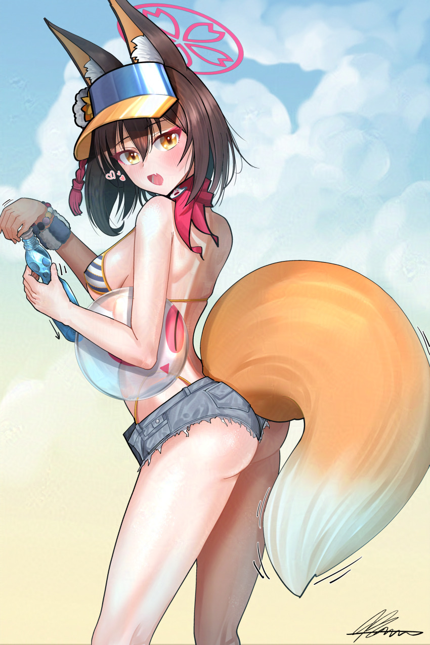 1girl absurdres animal_ears ass ball bare_shoulders beachball bikini blue_archive brown_hair denim denim_shorts fox_ears fox_tail halo highres holding holding_ball holding_beachball izuna_(blue_archive) izuna_(swimsuit)_(blue_archive) medium_hair pink_halo ramune short_shorts shorts solharuu solo striped_bikini striped_clothes swimsuit tail thighs visor_cap yellow_eyes