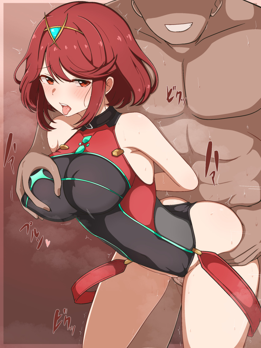 1boy 1girl absurdres breasts circlet clothed_female_nude_male core_crystal_(xenoblade) doggystyle grabbing_another&#039;s_breast grabbing_from_behind grin groping hetero highres large_breasts medium_breasts milliani netorare nude one-piece_swimsuit open_mouth penis pyra_(pro_swimmer)_(xenoblade) pyra_(xenoblade) red_eyes red_hair sex sex_from_behind smile standing standing_sex swept_bangs swimsuit teeth tongue tongue_out xenoblade_chronicles_(series) xenoblade_chronicles_2