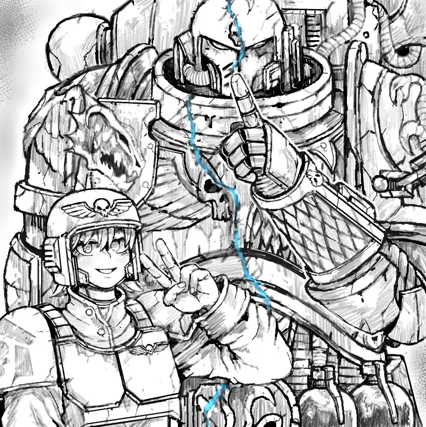 1boy 1girl adeptus_astartes alpha_legion armor astra_militarum bulletproof_vest chaos_(warhammer) chaos_space_marine explosive finger_to_mouth grenade greyscale height_difference helmet highres looking_at_viewer military_uniform monochrome octosoup pauldrons power_armor salamanders_(warhammer) scale_armor shoulder_armor shushing size_difference skull v warhammer_40k winged_skull