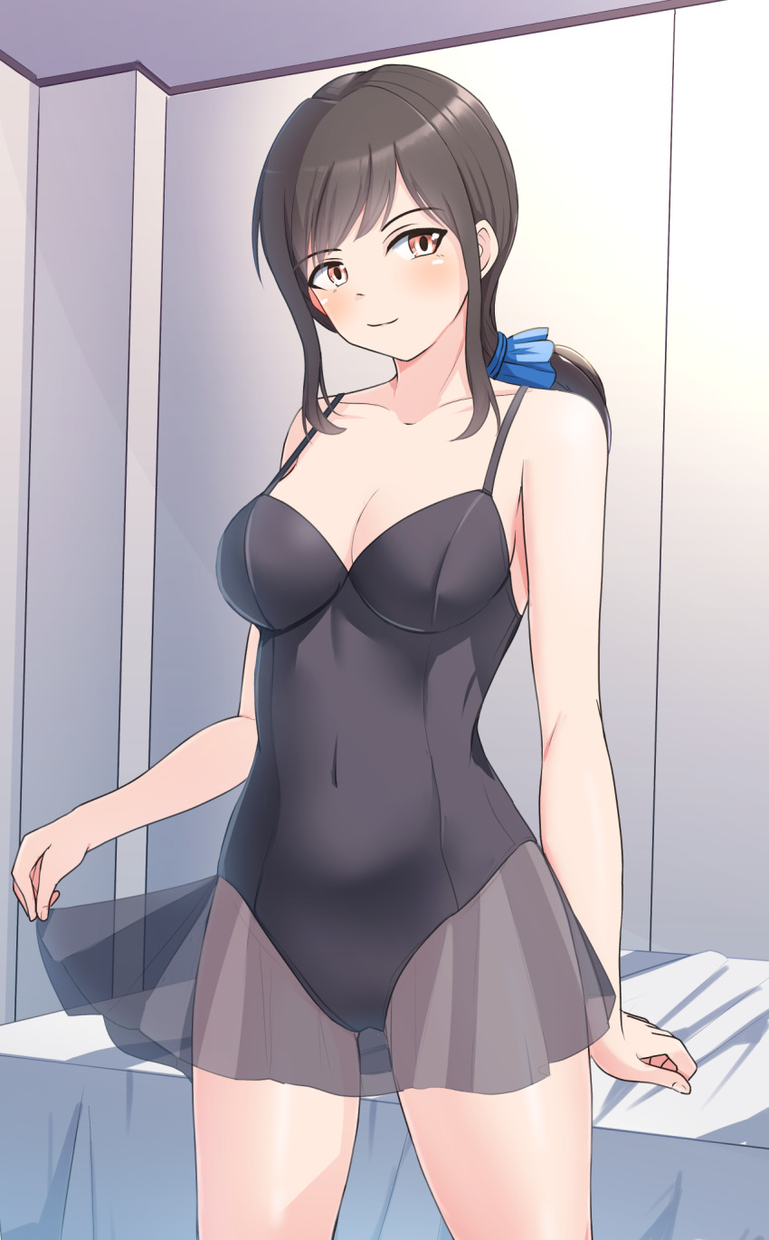 1girl bed black_leotard breasts brown_hair cleavage highres leotard ponytail