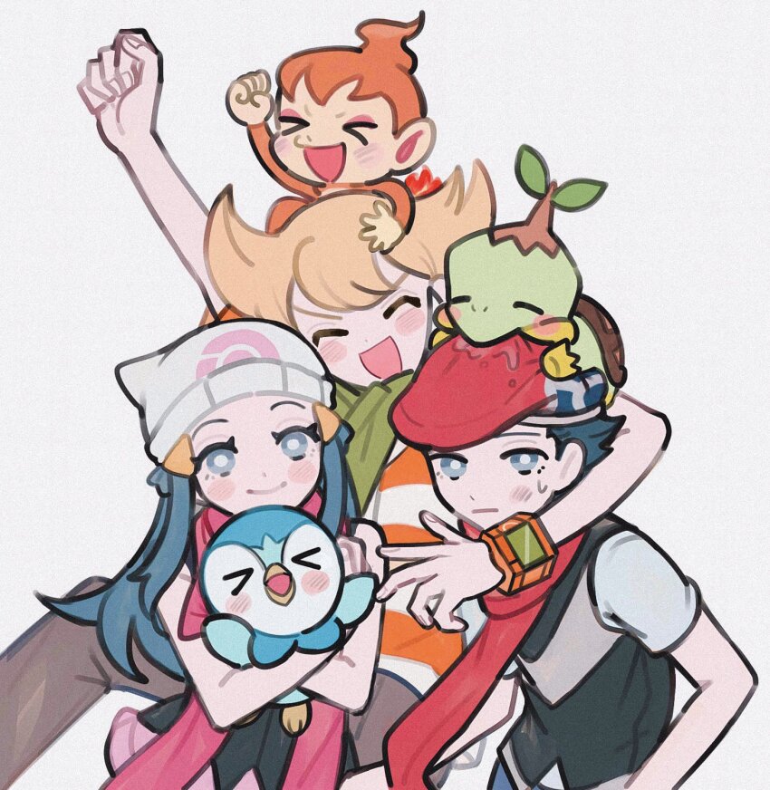 &gt;_&lt; 1girl 2boys arm_up barry_(pokemon) beanie blonde_hair blue_eyes blue_hair chimchar clenched_hand closed_eyes closed_mouth creatures_(company) dawn_(pokemon) dress game_freak gen_4_pokemon green_scarf grey_background hat highres holding holding_pokemon long_hair lucas_(pokemon) morning_(d0nteat) multiple_boys nintendo on_head open_mouth pants piplup pokemon pokemon_(creature) pokemon_dppt pokemon_on_head red_hat red_scarf scarf short_sleeves simple_background sleeveless smile sweat turtwig white_hat