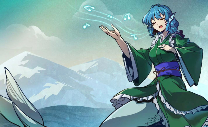 1girl blue_hair breasts chinese_commentary closed_eyes commentary_request fins frilled_kimono frills green_kimono hand_on_own_chest head_fins japanese_clothes kimono large_breasts long_sleeves mermaid monster_girl music obi obijime open_mouth outstretched_arm purple_sash sash shishui_guima short_hair singing solo touhou wakasagihime wide_sleeves