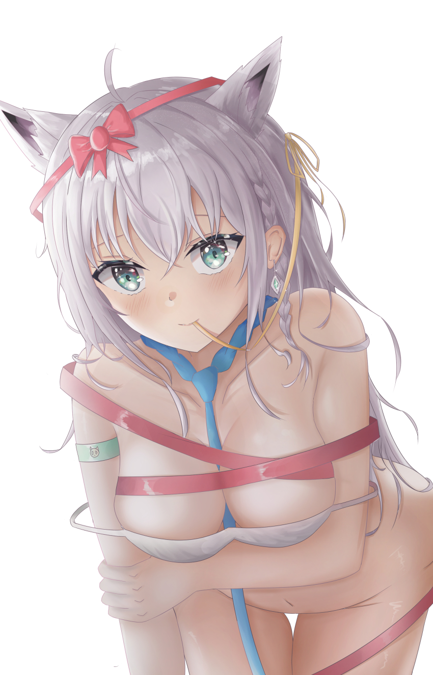1girl absurdres ahoge animal_ear_fluff animal_ears aqua_eyes arm_support armband blue_neckwear blush bow bra braid breasts cleavage ear_piercing earrings fox_ears fox_girl green_eyes hair_between_eyes hair_bow hair_ribbon highres holding_own_arm hololive jewelry leaning_forward long_hair looking_at_viewer medium_breasts mouth_hold namikare navel piercing pink_ribbon ribbon ribbon_in_mouth shirakami_fubuki side_braid simple_background single_braid single_earring smile solo strap_slip thighs underwear virtual_youtuber white_background white_bra white_hair yellow_ribbon