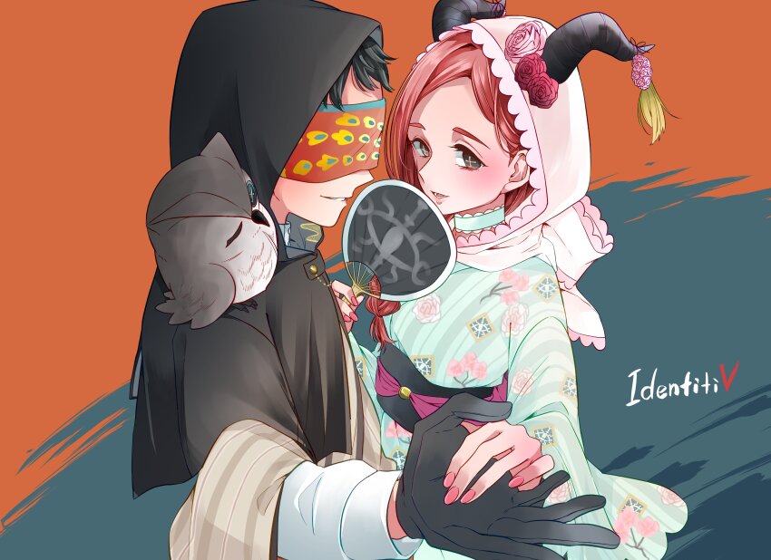 1boy 1girl absurdres bird black_eyes black_gloves black_hair blindfold blue_kimono braid choker commentary_request copyright_name cross-shaped_pupils eli_clark fiona_gilman floral_print gloves hand_fan highres holding holding_fan holding_hands hood hood_up horns identity_v japanese_clothes kashikaze kimono lace-trimmed_choker lace_trim long_hair looking_at_viewer lower_teeth_only nail_polish obi open_mouth owl parted_lips pink_nails red_hair sash short_hair symbol-shaped_pupils teeth typo