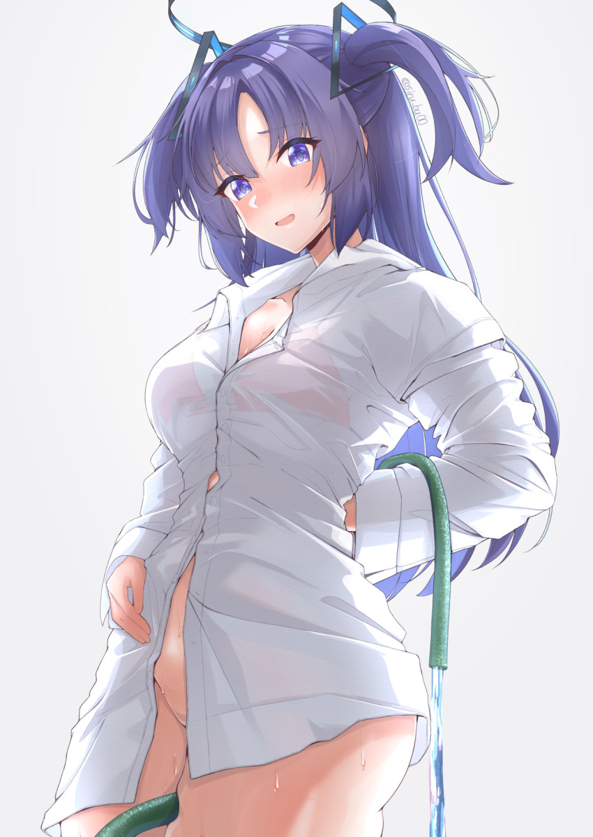 1girl bikini bikini_top_only bikini_under_clothes blue_archive blush bottomless breasts cosplay groin halo hanako_(blue_archive) hanako_(blue_archive)_(cosplay) hanako_(swimsuit)_(blue_archive) highres kagin_(kagou_shita_nanika) medium_breasts open_collar oversized_clothes oversized_shirt pink_bikini purple_eyes purple_hair shirt solo swimsuit two_side_up white_shirt yuuka_(blue_archive)