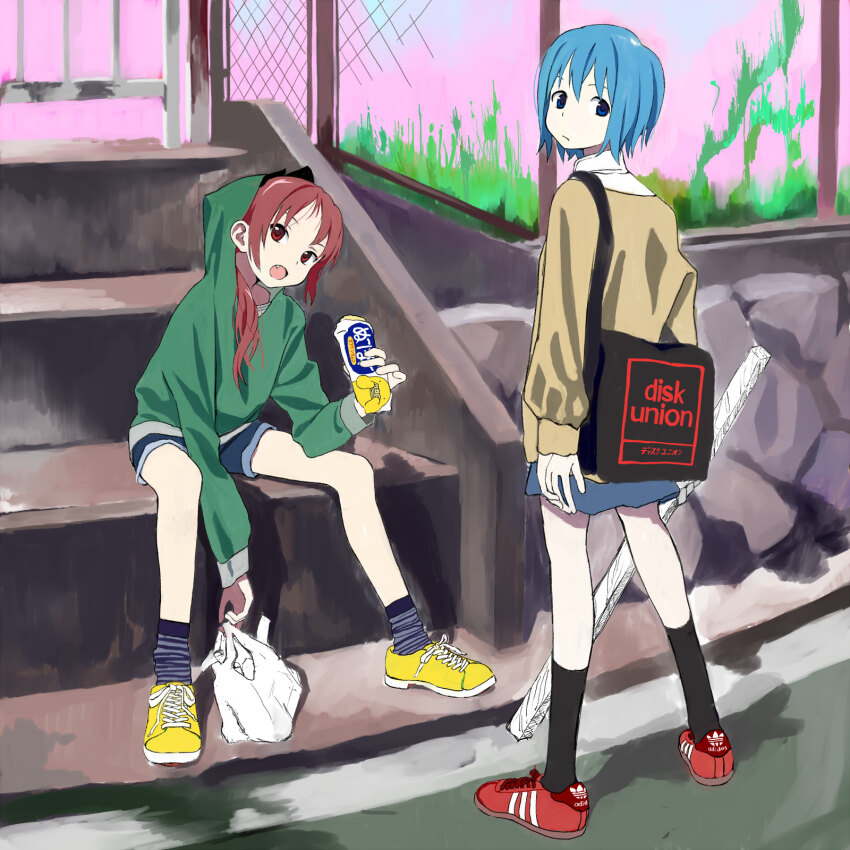 2girls adidas alternate_costume arm_between_legs bag black_socks blue_eyes blue_hair blue_skirt brown_sweater can casual chain-link_fence collared_shirt commentary_request denim denim_shorts e_eel english_text fang fence green_hoodie hair_over_shoulder head_tilt highres holding holding_bag holding_can holding_weapon hood hood_up hoodie kneehighs layered_clothes leaning_forward long_sleeves looking_at_viewer looking_back loose_socks mahou_shoujo_madoka_magica mahou_shoujo_madoka_magica_(anime) miki_sayaka multiple_girls open_mouth outdoors plastic_bag ponytail red_eyes red_hair sakura_kyoko shadow shirt shoes short_hair short_shorts shorts shoulder_bag sitting sitting_on_stairs skirt sneakers socks stairs standing striped_clothes striped_socks sweater weapon white_shirt wooden_beam