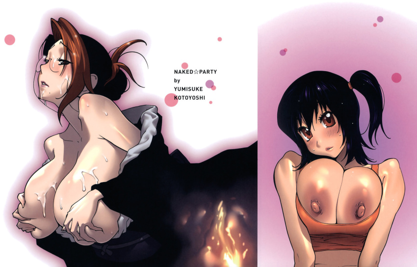 2girls artist_name bare_shoulders black_hair blush breast_press breasts breasts_out breasts_squeezed_together brown_eyes brown_hair cum cum_in_mouth cum_on_body cum_on_breasts cum_on_upper_body facial glasses gradient_background hair_tied_up heritage highres hiiragi huge_areolae huge_breasts hush japanese_clothes kimono kotoyoshi_yumisuke large_areolae large_breasts large_nipples looking_at_viewer mature_female misono-san multicolored_hair multiple_girls naked-party nipples off_shoulder older_woman_and_younger_girl original parted_lips sagging_breasts short_hair side_ponytail simple_background stepmother tank_top