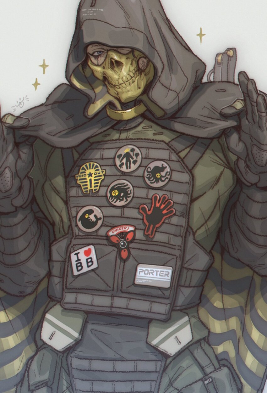 1boy armor arms_up black_cape black_hood black_pants blue_eyes bulletproof_vest cape commentary cowboy_shot death_stranding english_commentary eyeliner gloves hamms_hamss higgs_(death_stranding) highres hood hood_up hooded_cape looking_to_the_side makeup male_focus mask mouth_mask one_eye_covered pants patch pouch sideways_glance simple_background solo sparkle thigh_pouch white_background