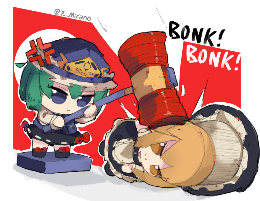 2girls 7-mirano anger_vein apron black_hat black_skirt blonde_hair blue_eyes blue_hat blue_vest bonk closed_mouth commentary frilled_hat frilled_skirt frills frown full_body fumo_(doll) green_hair hat highres kirisame_marisa long_hair multiple_girls ribbon-trimmed_skirt ribbon_trim shiki_eiki shirt short_hair skirt skirt_set smile standing touhou toy_hammer vest waist_apron white_apron white_shirt witch_hat