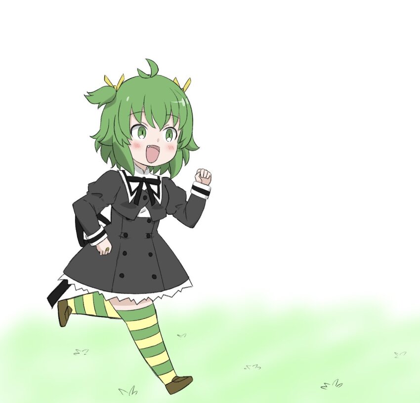 1girl :d antenna_hair assault_lily black_ribbon black_skirt blush brown_shoes commentary cropped_jacket ehho_ehho_(meme) fang grass green_eyes green_thighhighs hair_ribbon hand_up high-waist_skirt highres jewelry juliet_sleeves leg_up loafers long_sleeves looking_ahead meme multicolored_thighhighs neck_ribbon open_mouth puffy_sleeves ribbon ring running school_uniform shirt shoes short_hair skirt smile solo thighhighs two_side_up unu_(yayoinoasagohan) white_background white_shirt yellow_ribbon yellow_thighhighs yoshimura_thi_mai yurigaoka_girls_academy_school_uniform