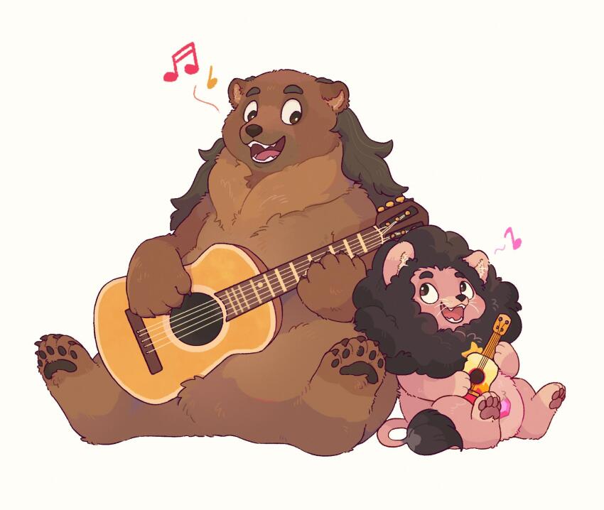 :d animal animal_focus animalization beamed_sixteenth_notes bear brown_fur eighth_note father_and_son full_body gem greg_universe guitar highres holding holding_instrument hua_hua_de_meme instrument lion looking_at_another music musical_note open_mouth pink_gemstone quarter_note red_fur singing sitting smile steven_quartz_universe steven_universe white_background