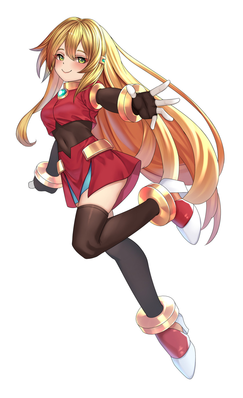 1girl blonde_hair bodystocking breasts ceijin chest_jewel commission commissioner_upload covered_navel crop_top elf_(mega_man_zx_prequel) eyelashes full_body gloves green_eyes hand_on_own_hip high_heels highres light_smile long_bangs long_hair medium_breasts mega_man_(series) mega_man_zx non-web_source original petite short_sleeves sidelocks skirt solo thighhighs thighs transparent_background
