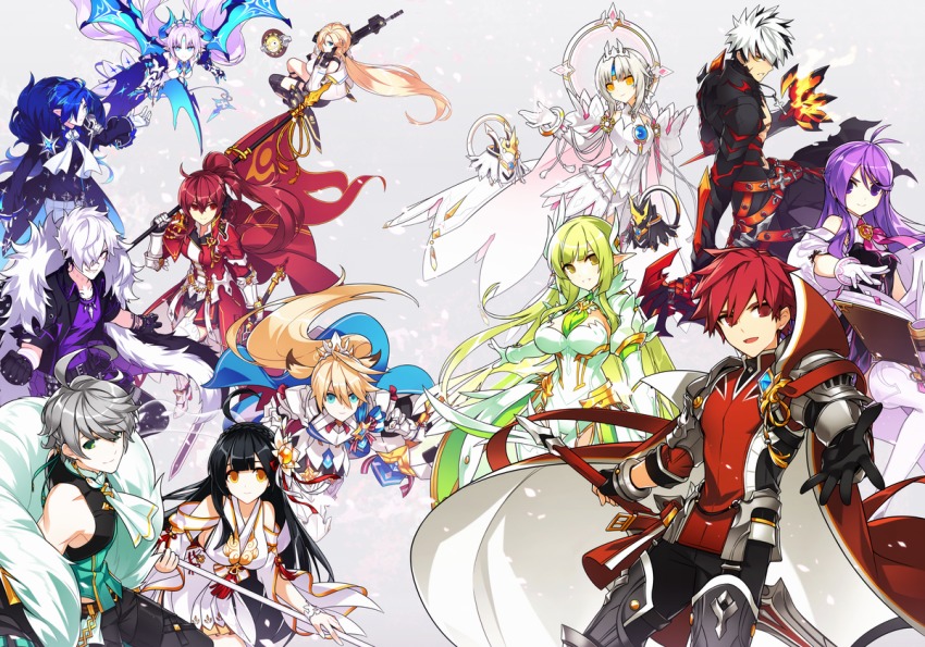 6+boys 6+girls add_(elsword) aether_sage_(elsword) ainchase_ishmael aisha_landar apsara_(elsword) aqua_eyes ara_haan armor black_hair blonde_hair blue_eyes blue_hair bluhen_(elsword) book breasts brown_hair cape chevalier_(elsword) chung_seiker ciel_(elsword) cleavage code:esencia_(elsword) comet_crusader_(elsword) daybreaker_(elsword) demon_girl demon_wings doom_bringer_(elsword) elesis_(elsword) elf elsword elsword_(character) empire_sword_(elsword) epaulettes eve_(elsword) flag fur_collar fur_trim gloves green_hair grey_hair gun hair_ornament ishtar_(elsword) jacket knight_emperor_(elsword) long_hair luciela_r._sourcream mechanical_arms minerva_(elsword) multicolored_hair multiple_boys multiple_girls non-web_source official_art pointy_ears ponytail purple_eyes purple_hair rage_hearts_(elsword) raven_cronwell red_eyes red_hair rena_erindel rifle rose_(elsword) short_hair single_mechanical_arm sword tiara two-tone_hair very_long_hair weapon white_hair wings yellow_eyes