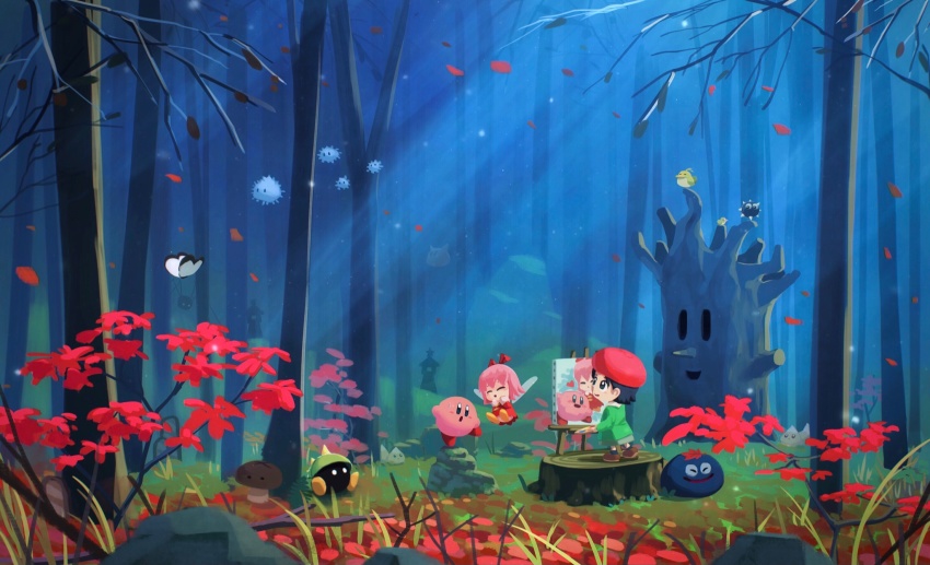 2girls adeleine bad_id bad_twitter_id black_hair bug butterfly chip_(kirby) dress easel flower forest gooey_(kirby) gordo grass highres insect kirby kirby&#039;s_dream_land_3 kirby_(series) kirby_64 mariel_(kirby) multiple_girls nature nintendo pasara_(kirby) pink_hair pitch_(kirby) punc_(kirby) red_dress red_headwear ribbon_(kirby) rock scarfy smile smock suyasuyabi whispy_woods