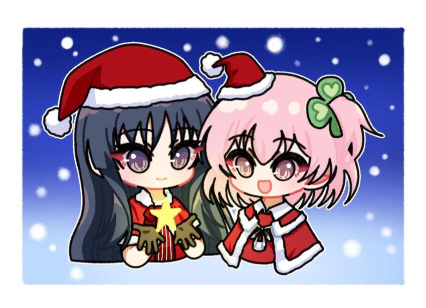 2girls assault_lily black_hair blue_background blush border brown_gloves capelet chibi closed_mouth clover_hair_ornament commentary cropped_torso four-leaf_clover_hair_ornament fur-trimmed_capelet fur-trimmed_headwear fur-trimmed_sleeves fur_trim gloves gradient_background hair_ornament hands_up hat hitotsuyanagi_riri long_hair looking_at_viewer mini_hat multiple_girls one_side_up open_mouth pink_eyes pom_pom_(clothes) purple_eyes red_capelet red_hat red_shirt santa_costume santa_hat shirai_yuyu shirt short_hair short_sleeves smile snowing star_(symbol) upper_body white_border yui_(yui1115_)