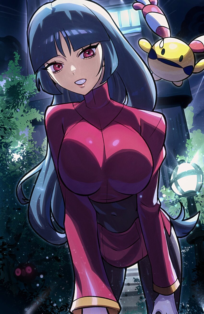 1girl absurdres bell bent_over black_bodysuit blue_hair blunt_bangs bodysuit bodysuit_under_clothes breasts chingling dark_blue_hair gen_2_pokemon gen_4_pokemon gloves hands_on_own_knees highres hime_cut hoothoot jacket large_breasts long_hair long_sleeves nintendo pencil_skirt pokemon pokemon_(creature) pokemon_frlg red_eyes red_jacket red_skirt ryairyai sabrina_(pokemon) side_slit skirt solo_focus turtleneck turtleneck_jacket white_gloves