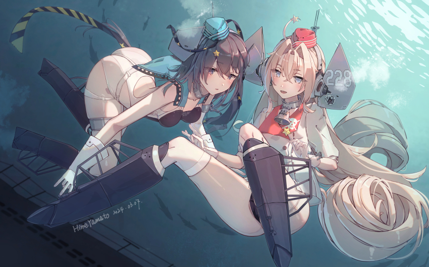 2girls aqua_headwear artist_name ass bell black_one-piece_swimsuit black_ribbon blue_eyes breasts coat competition_swimsuit dated drum_(kancolle) garrison_cap gloves grey_hair hair_ornament hair_rings hat headgear highleg highleg_one-piece_swimsuit highres himeyamato kantai_collection long_hair medium_breasts multiple_girls one-piece_swimsuit open_mouth parted_bangs pink_hair red_headwear ribbon scamp_(kancolle) shorts side_ponytail smile star_(symbol) star_hair_ornament star_ornament swimsuit swimsuit_under_clothes thighs white_coat white_gloves white_shorts