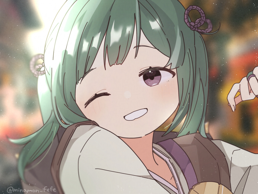 1girl fire_emblem fire_emblem_fates green_hair japanese_clothes looking_at_viewer midori_(fire_emblem) nintendo one_eye_closed purple_eyes sorane_amus twintails
