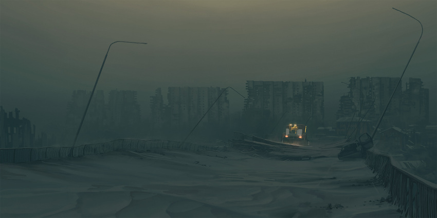 apartment ashes building dilapidated grey_theme haze headlight_beam highres lamppost motor_vehicle no_humans outdoors ruins science_fiction simon_stalenhag the_labyrinth unconventional_vehicle wreckage